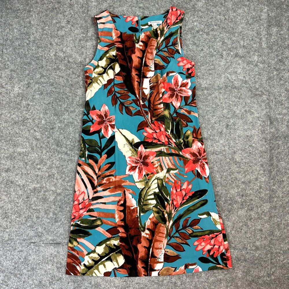 NorthStyle Women's Size 10 Tropical Floral Sheath Dress Blue Pink Sleeveless Str